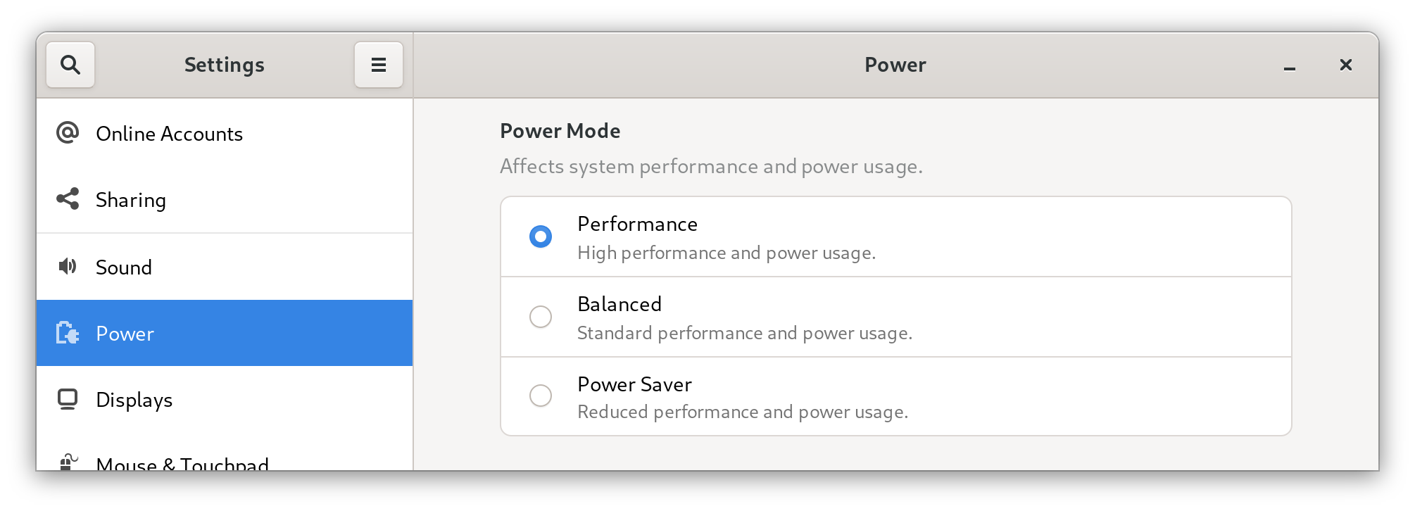 Power profiles in Gnome Settings